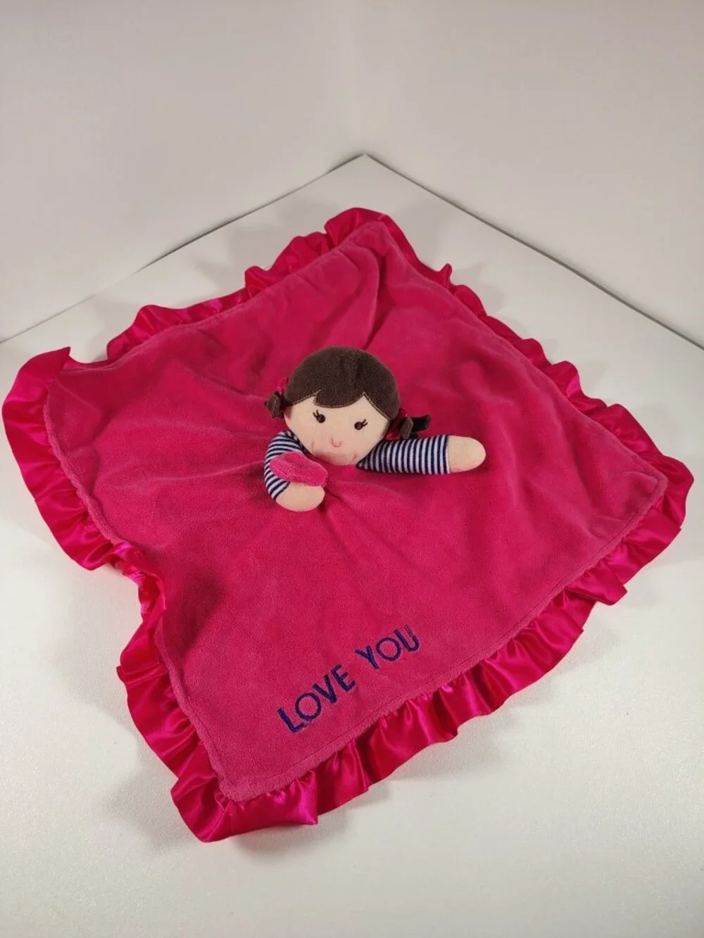 Carters Love You Doll Security Blanket Plush Baby Lovey Dark Pink Brunette READ